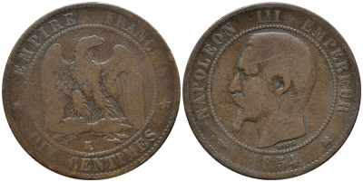 ФРАНЦИЯ 10 САНТИМОВ 1854 К, НАПОЛЕОН III (1852-1870) KM 771.5 бронза 32-933