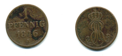 Ганновер 1 пфенниг 1846 B, Эрнст Август (1837-1851) KM 201.1, AKS 129, J. 74 медь 35-853