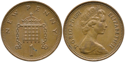 Великобритания 1 пенни 1971 Елизавета II (1952-2022) KM 915, Spink 4237 (B1) бронза 100-542