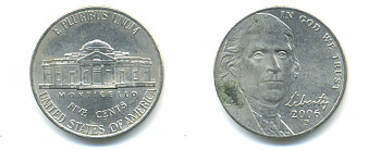 США 5 центов 2006 P, Джефферсон KM 381 медно-никель 86-651