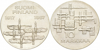 Финляндия 10 марок 1967 S-H, 50 лет независимости (1917-1967) KM 50 серебро UNC 1521-1142