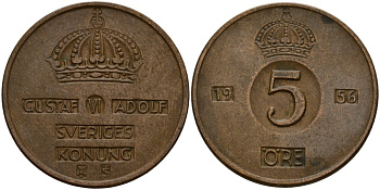 Швеция 5 эре 1956 Густав VI Адольф (1950-1973) KM 822 бронза 4156-235