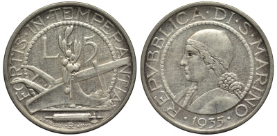 САН-МАРИНО 5 ЛИР 1935 KM 9 серебро 27-143