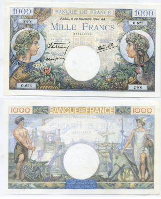 Франция 1000 франков 1940 28 ноября 1940, подписи Bletterie, Rousseau, Favre-Gilly Pick 96a бумага UNC (пресс) 000-00-00