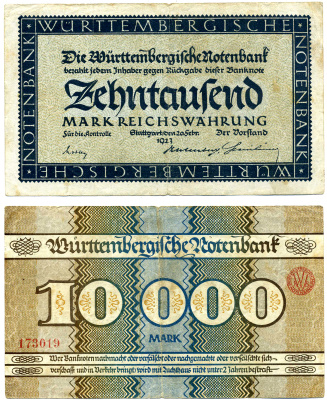 ШТУТГАРТ 10000 МАРОК 1923 20 ФЕВРАЛЯ 1923, НОТГЕЛЬД WURTEMBERGISCHE NOTENBANC, ЗЕМЛЯ БАДЕН-ВЮРТЕМБЕРГ Keller 4930 бумага 2193-9-2-1