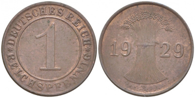 ГЕРМАНИЯ 1 РЕЙХСПФЕННИГ 1929 A KM 37, J. 313 бронза 116-756