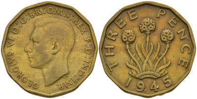 Великобритания 3 пенса 1945 Георг VI (1936-1952) KM 849, Spink 4112 никель латунь 4153-726