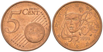 Франция 5 евроцентов 1999 KM 1284 сталь плакированная медью 4561-756
