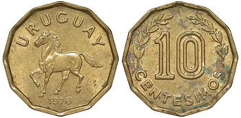 Уругвай 10 сентесимо 1976 KM 66 алюминиевая бронза 4164-749