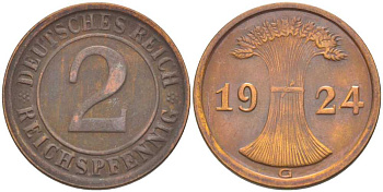 ГЕРМАНИЯ 2 РЕЙХСПФЕННИГA 1924 G KM 38, J. 314, Weege 4 бронза 206-858