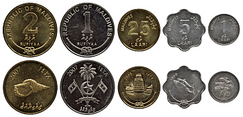 Мальдивские острова лот из 5 монет 1990-2008 от 1 лари до 2 рупий KM 68, 69, 71, 73b, 88 UNC M77-13