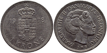 Дания 1 крона 1978 S; B, Маргрете II (1972-) KM 862.1 медно-никель 4388-114
