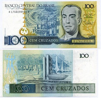 БРАЗИЛИЯ 100 КРУЗАДО 1987 ПОДПИСЬ 25 Pick 211с бумага UNC (ПРЕСС) 8611-38-2-2