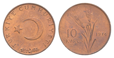 Турция 10 курушей 1974 KM 891.3 бронза UNC 4647-565
