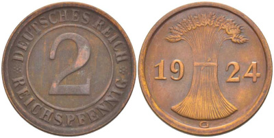 ГЕРМАНИЯ 2 РЕЙХСПФЕННИГA 1924 G KM 38, J. 314, Weege 4 бронза 206-858