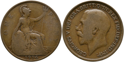 Великобритания 1 пенни 1914 Георг V (1910-1936) KM 810, Spink 4051 бронза 57-825