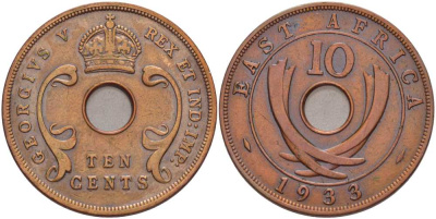 Британская Восточная Африка 10 центов 1933 Георг V (1910-1936) KM 19 бронза 4380-644