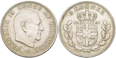 ДАНИЯ 5 КРОН 1961 С; S, ФРЕДЕРИК IX (1947-1972) KM 853.1 медно-никель 215-445