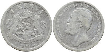 Швеция 1 крона 1890 ЕВ, Оскар II (1872-1907) король Швеции и Норвегии KM 760 серебро 1530-915