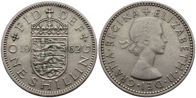 Великобритания 1 шиллинг 1962 Елизавета II (1952-2022), Английский герб KM 904, Spink 4147 медно-никель 75-237