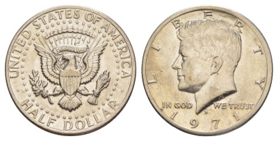 США 1/2 доллара (50 центов) 1971 D, Джон Кеннеди KM 202b медь плакированная медно-никелем aUNC 221-912