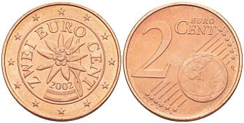 Австрия 2 евроцента 2002 KM 3083 сталь плакированная медью UNC 46-259