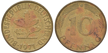 ФРГ 10 пфеннигов 1971 C KM 108, J. 383 сталь плакированная латунью 4132-544