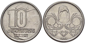 Бразилия 10 сентаво 1989 золотодобыча KM 613 нержавеющая сталь 116-1256