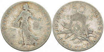 ФРАНЦИЯ 50 САНТИМОВ 1899 ТИП СЕЯТЕЛЬ KM 854, LE FRANC 190.5 серебро 3309-1067