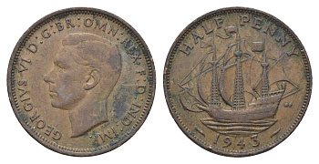 Великобритания 1/2 пенни 1943 Георг VI (1936-1952) KM 844, Spink 4115 бронза 4662-1055