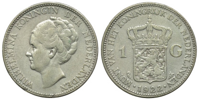 Нидерланды 1 гульден 1922 Вильгельмина (1890-1948) KM 161.1 серебро 4111-532