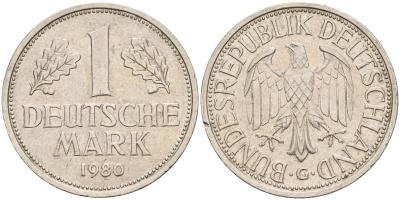 ФРГ 1 марка 1980 G KM 110, J. 385 медно-никель 4177-1147