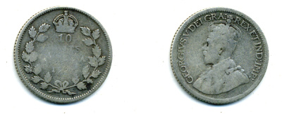 Канада 10 центов 19ХХ ГЕОРГ V серебро 46-1052