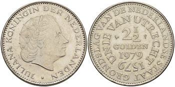 Нидерланды 2 1/2 гульдена 1979 400 лет Утрехтскому союзу, Юлиана (1949-1980) KM 197 никель 82-1243