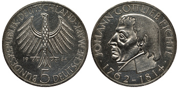 ФРГ 5 марок 1964 J, 150 лет со дня смерти Иоганна Готлиба Фихте J. 393, KM 118.1 серебро 413-1424