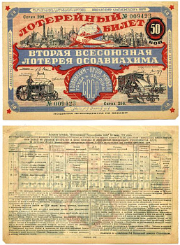 СССР 50 копеек 1927 вторая Всесоюзная лотерея ОСОАВИАХИМА. Серия 0296, № 009423, "ГОЗНАК", ОСОАВИАХИМ - опора мирного труда и обороны СССР бумага 000-00-00