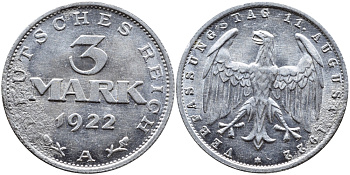 Германия 3 марки 1922 А, третья годовщина Веймарской Конституции KM 29, J. 303 алюминий 4390-922