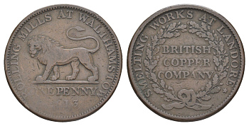 Великобритания, Уолтамстоу, Ландор 1 пенни 1813 токен, гладкий гурт Davis 15 медь 3711-512