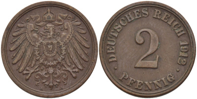 Германия 2 пфеннига 1912 A KM 16, J. 11, Weege 4 медь 100-317