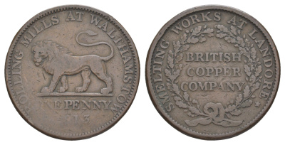 Великобритания, Уолтамстоу, Ландор 1 пенни 1813 токен, гладкий гурт Davis 15 медь 3711-512