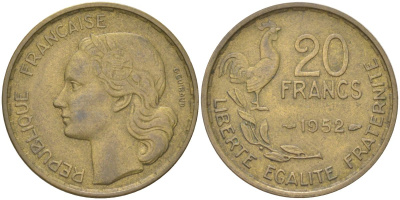 Франция 20 франков 1952 петух KM 917 алюминиевая бронза 4159-1014