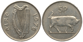 ИРЛАНДИЯ 5 ПЕНСОВ 1976 БЫК KM 22 медно-никель 51-341