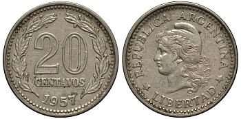 Аргентина 20 сентаво 1957 голова Свободы влево KM 55 сталь плакированная никелем 4182-232