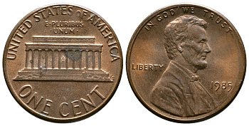США 1 цент 1985 Линкольн KM 201b цинк плакированный медью    4608-367