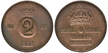 Швеция 2 эре 1958 T;S, Густав VI Адольф (1950-1973) KM 821 бронза 113-812