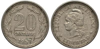 Аргентина 20 сентаво 1957 голова Свободы влево KM 55 сталь плакированная никелем 4182-232