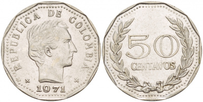 Колумбия 50 сентаво 1971 Симон Боливар KM 244.1 сталь плакированная никелем 4548-156
