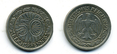 Германия 50 рейхспфеннигов 1927 A KM 49, J. 324 никель 58-154