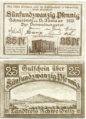 ШВЕЙДНИЦ (СВИДНИЦА ПОЛЬША) 25 ПФЕННИГОВ 1920 НОТГЕЛЬД, 15 ЯНВАРЯ 1921 Grabowski S61.3b бумага 7551-39-1-2