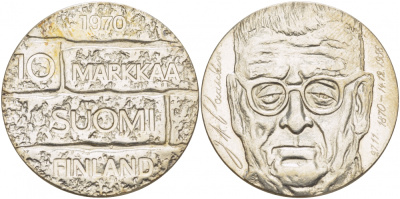 Финляндия 10 марок 1970 S-H, день рождения президента Юхо Паасикиви KM 51 серебро UNC 1515-1411